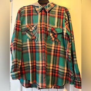 Green Plaid Button Down with Detachable Hood